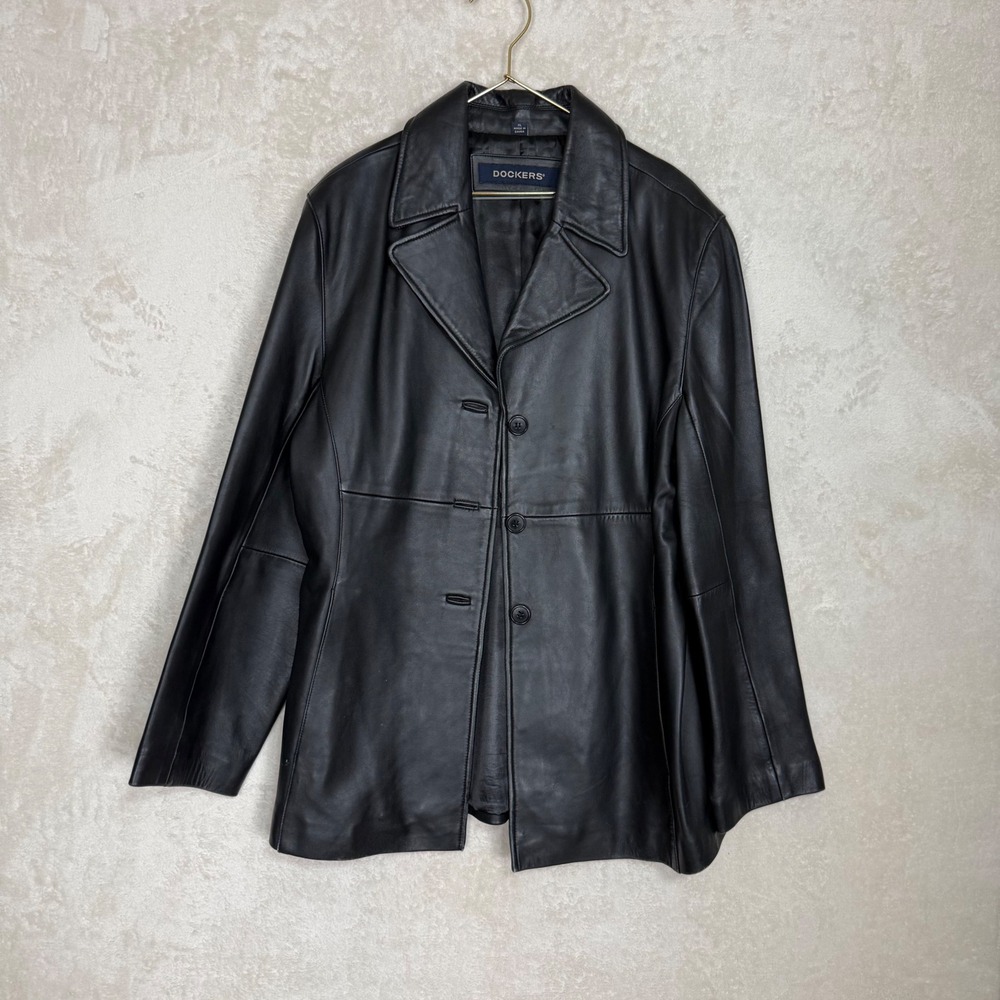 Dockers Womens Black Lamb Leather Blazer Jacket XL 3 Button Coat Quiet Luxury